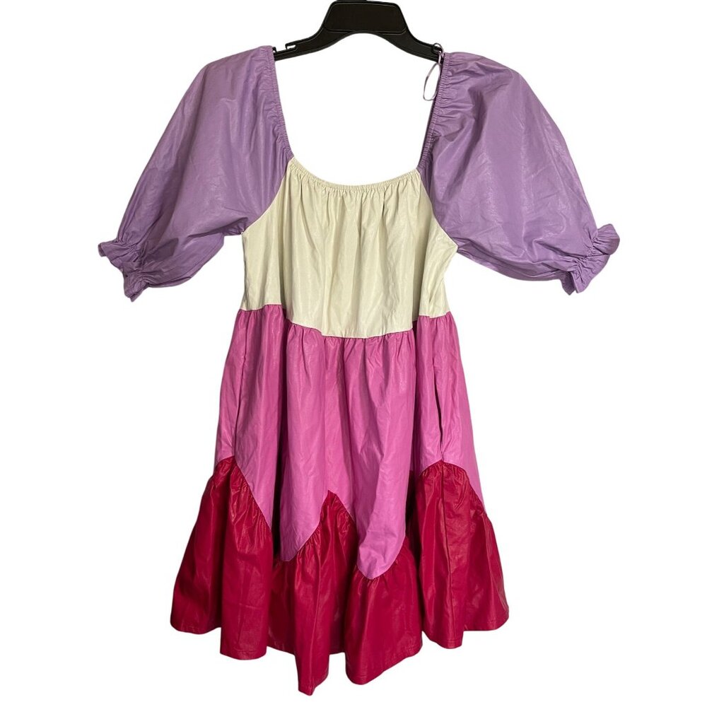 Fantastic Fawn Coated Color Block Babydoll Mini Dress Womens Medium Puff Sleeve